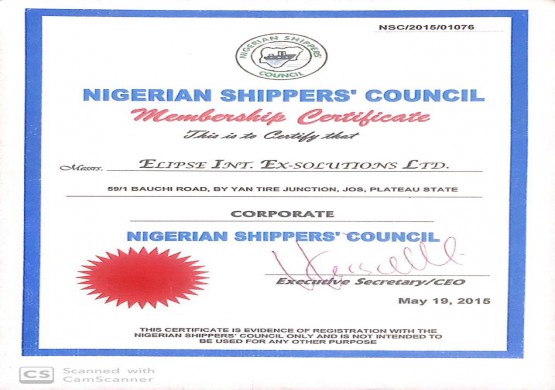 Nigerian Shippers’ Council Membership Certificate to Elipse Internationals EX-Solutions Ltd